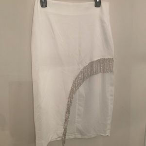 NBD white midi skirt with crystal fringe. Size M. New with tags.